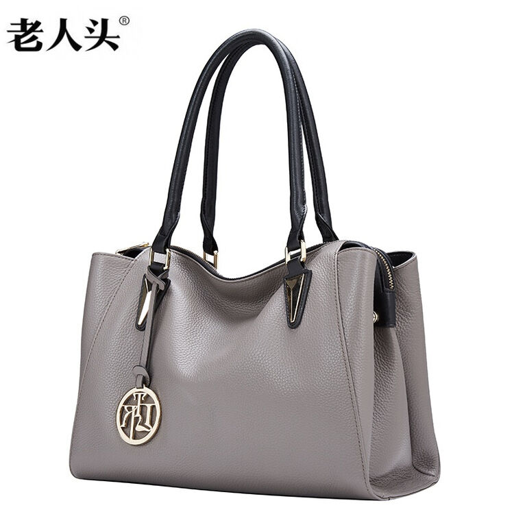 老人头新款头层牛皮单肩包女包波士顿包包百搭手提包919j004l 灰色1h
