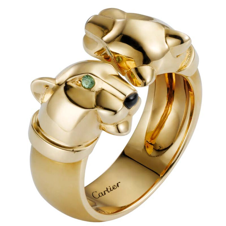 全球购 奢侈品 cartier卡地亚戒指缟玛瑙沙弗莱石榴石镶嵌虎头18k黄金