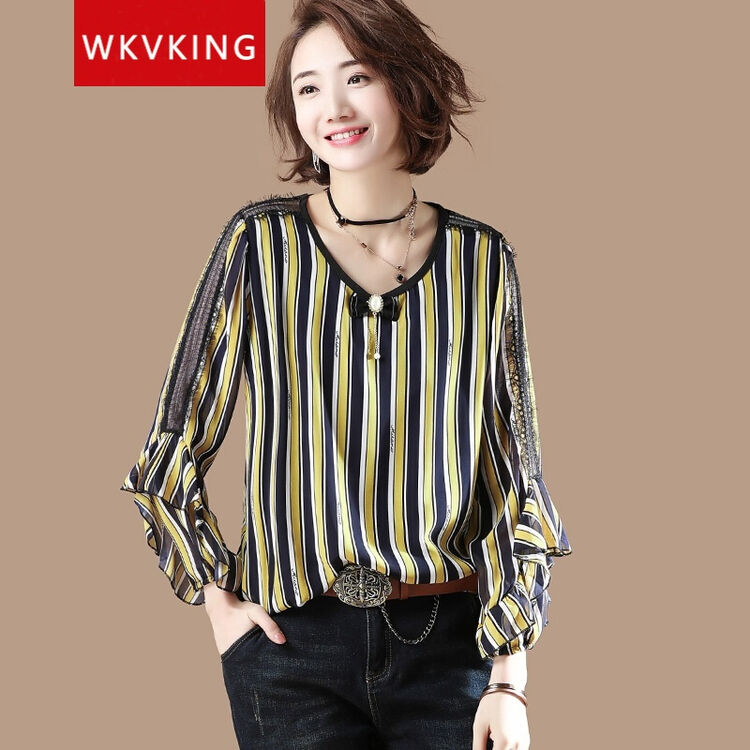 kvking素木撞色条纹蕾丝拼接雪纺衫女2018春季新款时尚显瘦上衣ag3077