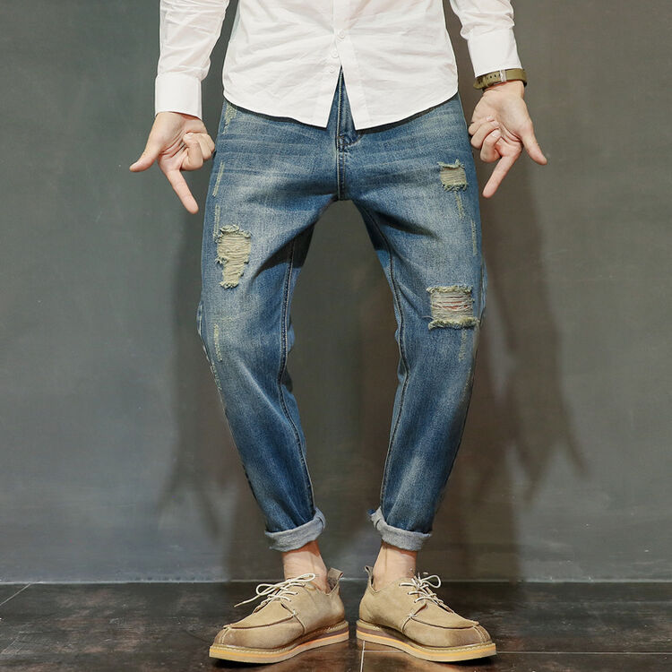 夏季款日系男生大码牛仔裤男装破洞哈伦裤加大加肥男裤子 8116 28