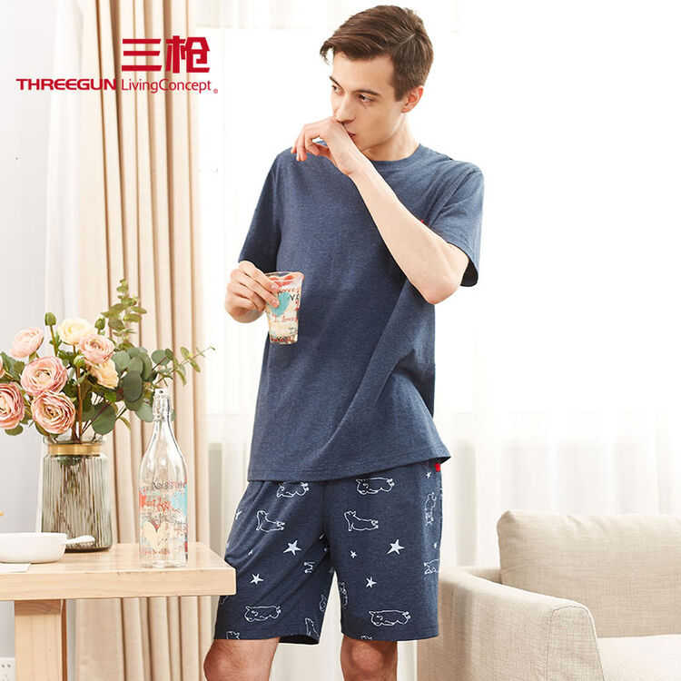 三枪男睡衣 春夏新品薄款短袖短裤卡通可外穿青年棉质男士家居服套装
