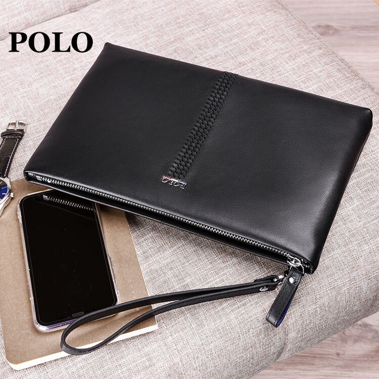 polo 男士手拿包大容量信封包头层牛皮时尚手包真皮包031421 黑色款