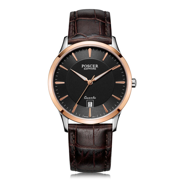 宝时捷 石英表 简约休闲日历商务休闲防水情侣男女士皮带手腕表 3008