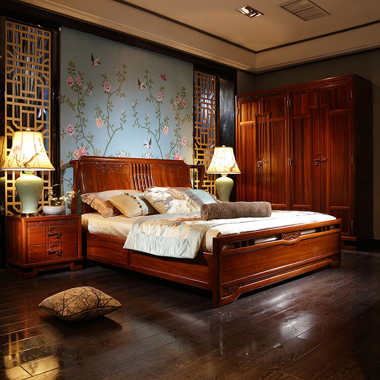 南巢 新中式实木双人床 现代中式仿古卧室家具金丝柚木主卧婚床 床