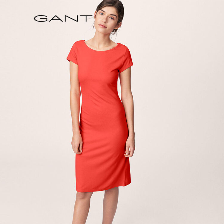 gant/甘特 2018女士夏新款净色简约修身短袖中长连衣