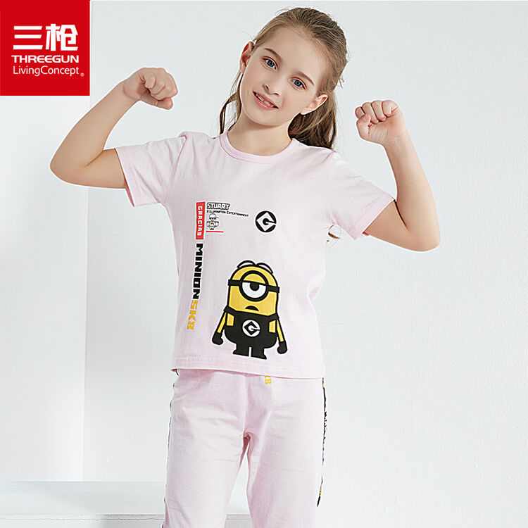三枪童装 小黄人系列 舒肤超柔薄棉儿童女童男童圆领短袖中裤家居套装