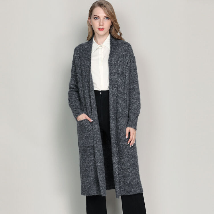 恒源祥女士混纺羊毛衫v领秋冬加厚针织衫纯色中长款开衫毛衣 中灰 165