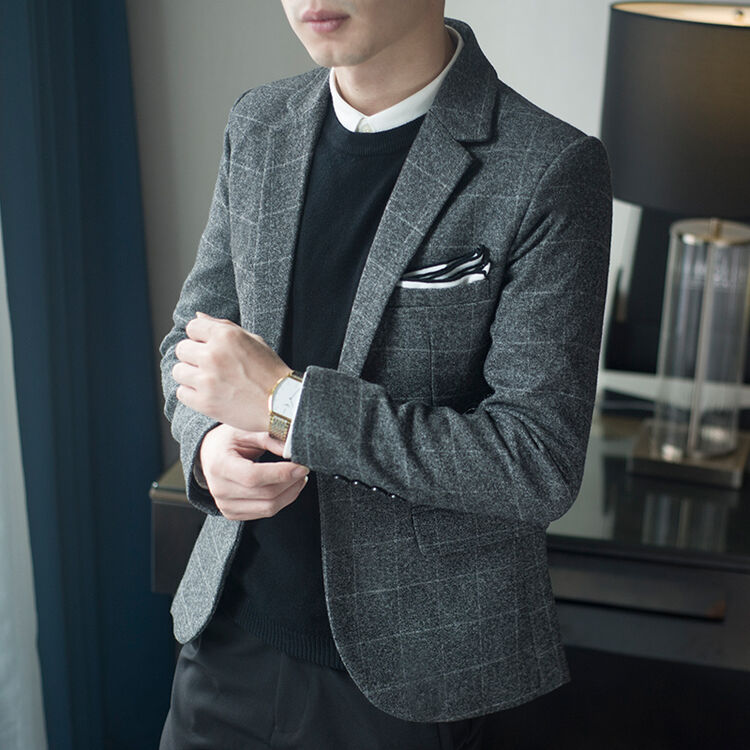 学生男装西服藏青色休闲中长款复古宽松灰色秋冬韩版气质外套西装休闲