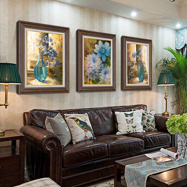 客厅装饰画沙发背景墙画美式壁画餐厅乡村田园三联花卉麋鹿有框画花开