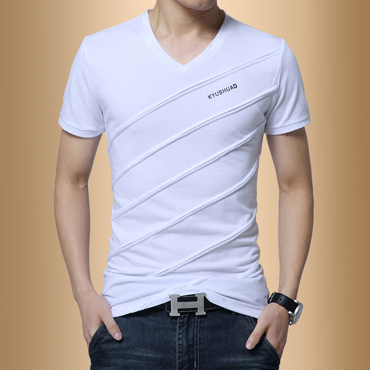 男士短袖t恤v领夏季韩版潮流男装半袖学生衣服修身体恤打底衫 白色 xl