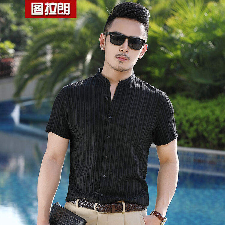 图拉朗夏季亚麻短袖衬衫男韩版衬衣新款休闲薄款潮流冰丝t恤男士上衣