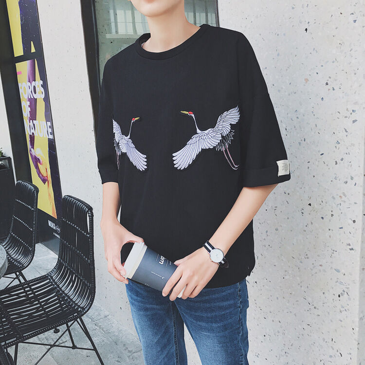 2018夏季宽松五分袖刺绣t恤男短袖男滑肩袖宽松短袖 黑色 xl