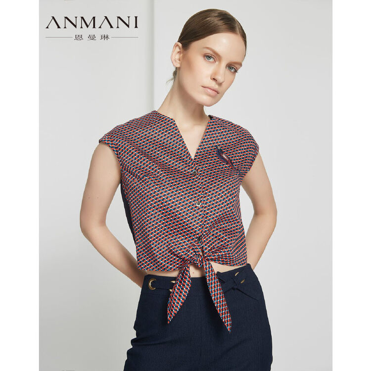 恩曼琳anmani 2018夏季时尚v领钉珠绣花无袖格纹拼接女衬衫 红色 04