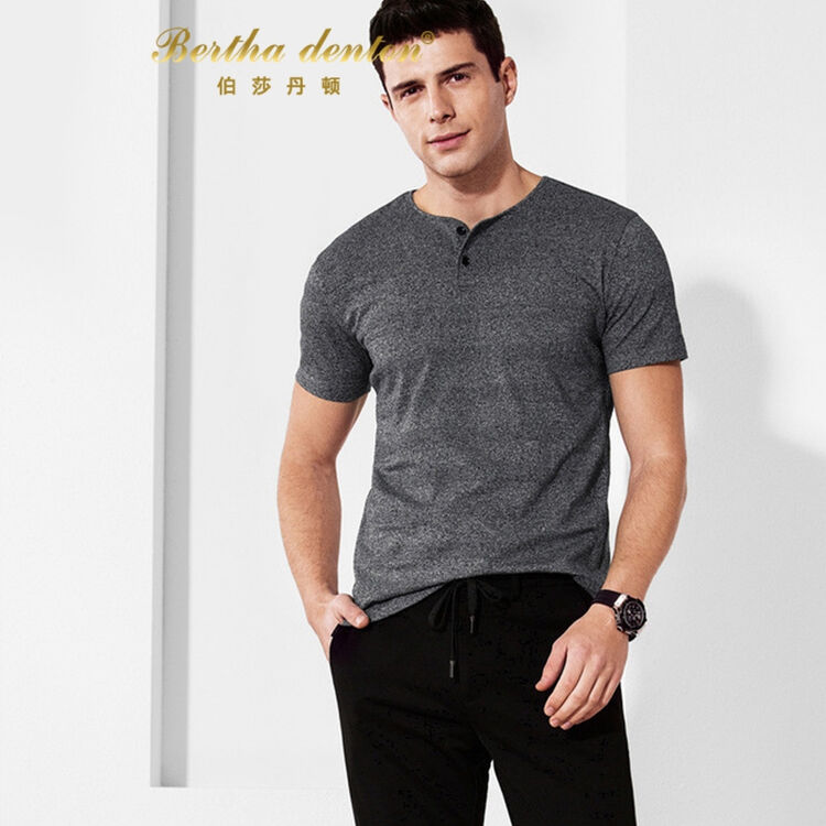 伯莎丹顿2018春季新款轻奢男装男士短袖t恤欧美风修身条纹提花门筒领
