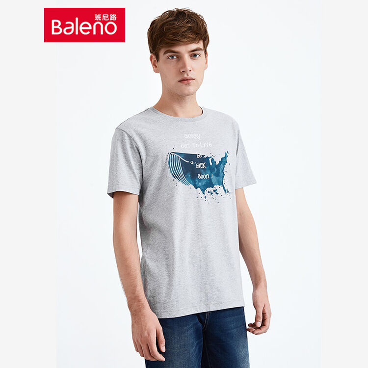 baleno/班尼路 鲸鱼印花图案短袖圆领t恤男士 纯棉时尚休闲体恤男