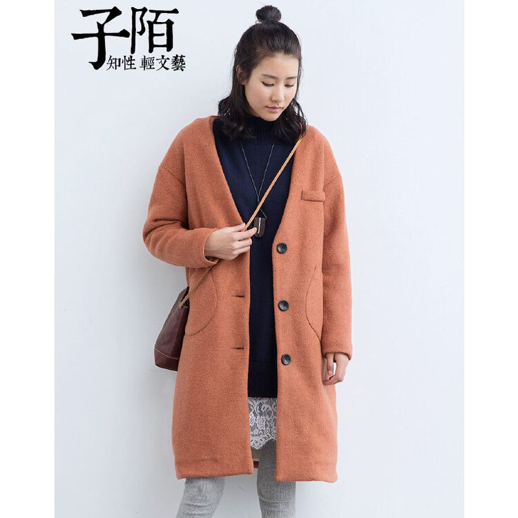 子陌zimo 桔色v领休闲羊毛呢外套 桔色 s【图片