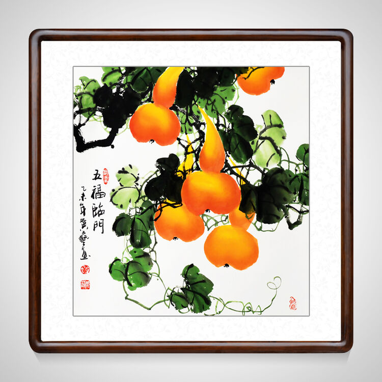 壁画中堂画现代中式过道竖版墙画床头画办公室国画 斗方葫芦五福临门
