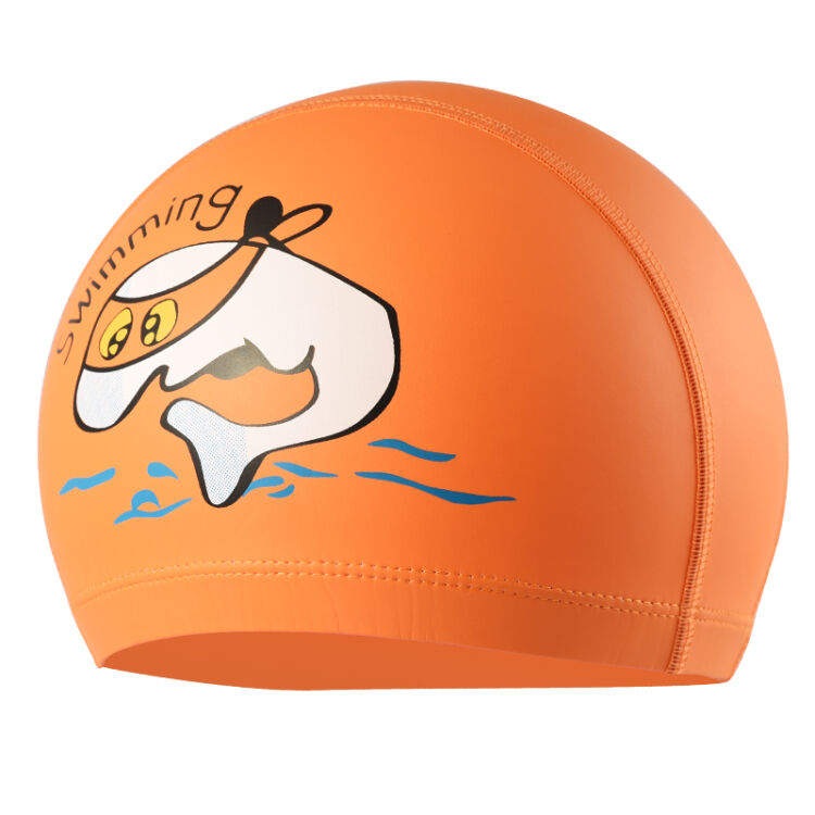 乐尚士 儿童泳帽 防水护耳pu帽 儿童涂层卡通游泳帽 防滑超大 橙色