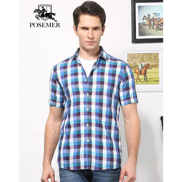 堡马posemer 经典中格子舒适短袖休闲衬衫 纯蓝格 48/m
