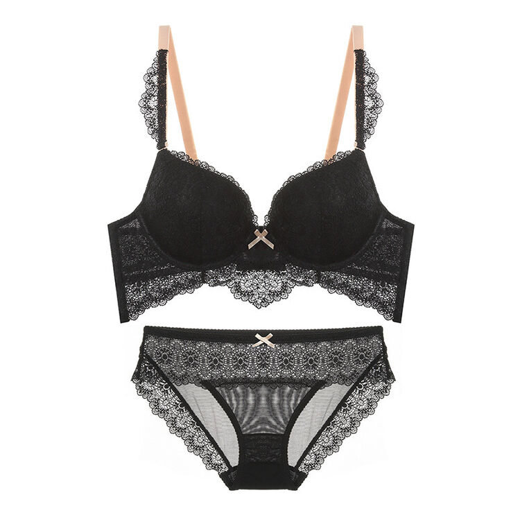 深v聚拢性感内衣蕾丝文胸套装收副乳刺绣上薄下厚杯 黑色 85c