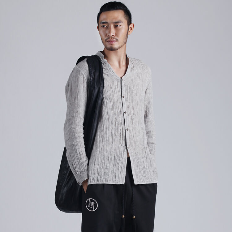 设计师品牌归心中国风男装原创春季亚麻立领宽松大码长袖衬衫男时尚