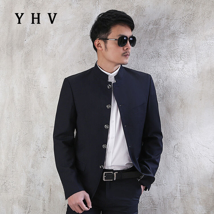 yhv 中山装男中国风中华立领西装修身青年结婚新郎服装套装 1683藏青