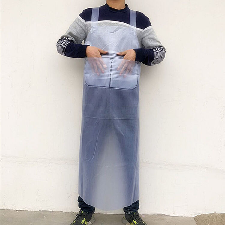 防水放油透明围裙加厚厨房食堂水产工厂女简约加长耐围腰 口袋白色