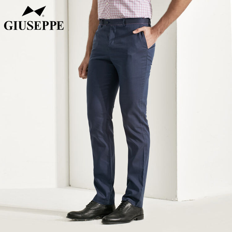 乔治白2018春夏新款直筒蓝色弹力裤子小脚修身舒适透气男士休闲裤