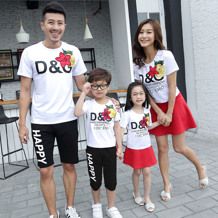 子装夏装一家三口全家装2018新款绣花棉套装母女母子幼儿园班服 白色