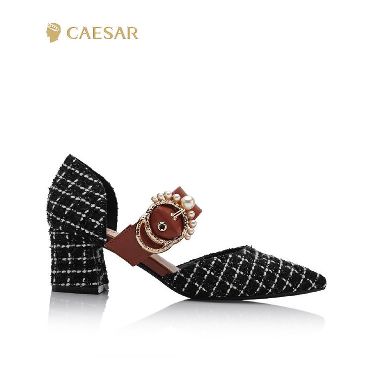 caesar 2018年新品欧美织物/超纤中空珍珠&皮带扣轻便尖头方跟女鞋