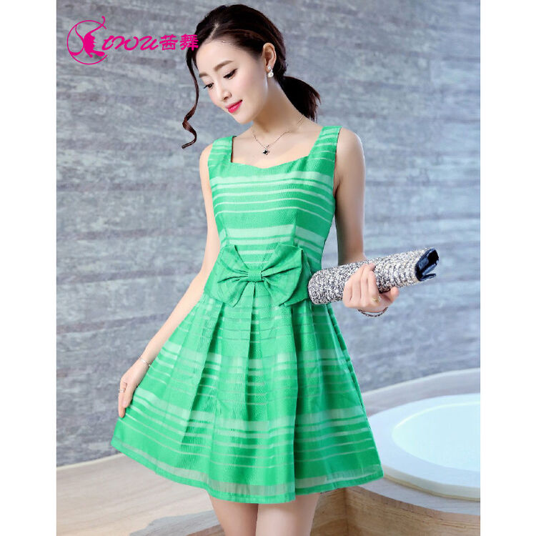 茜舞 甜美可爱无袖蝴蝶结露背连衣裙 翡翠绿 l