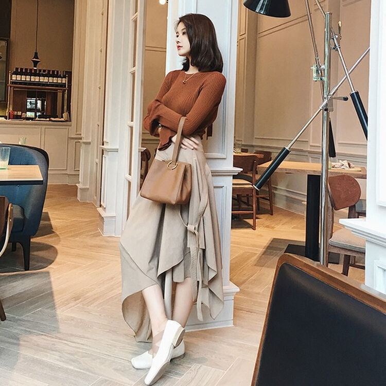 小香风气质百搭针织打底衫不规则半身裙套装 驼色针织衫 卡其色半身裙