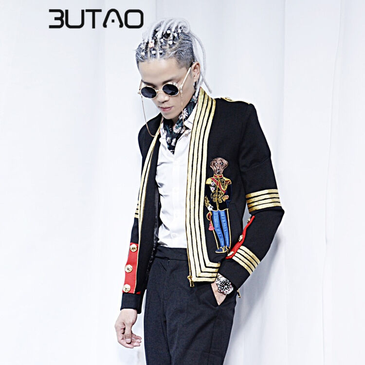 夜店男韩版发型师小西装狗图案刺绣外套修身宫廷礼服潮流西服 黑色 m