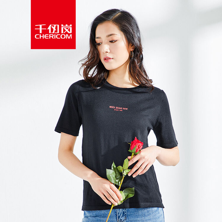千仞岗2018夏装新款圆领字母宽松百搭短袖t恤女238002 魔力黑88005