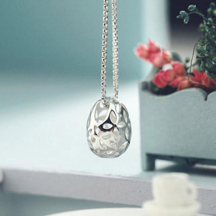 天产寻适 925银项链锁骨吊坠 女镂空椭圆形长款银项链饰品