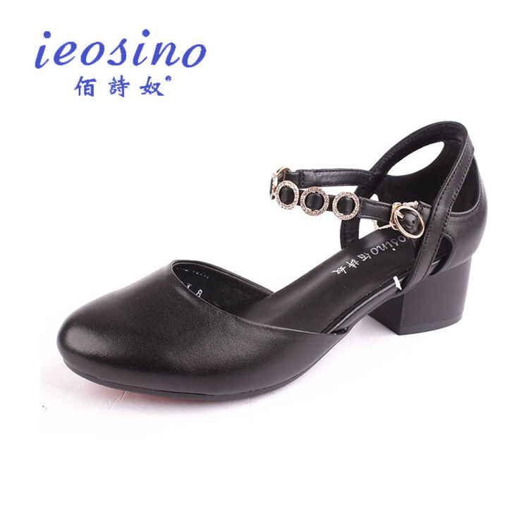 佰诗奴女鞋2018春款新品真皮牛皮中跟粗跟圆头水钻休闲鞋9581061 黑色