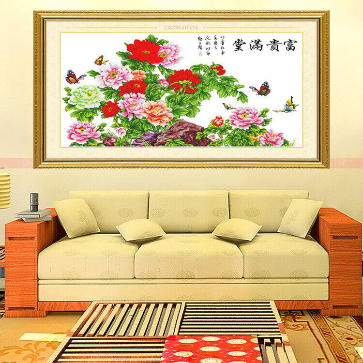 纯手工十字绣机绣成品富贵满堂牡丹蝴蝶 客厅装饰挂画 包邮 货号20015
