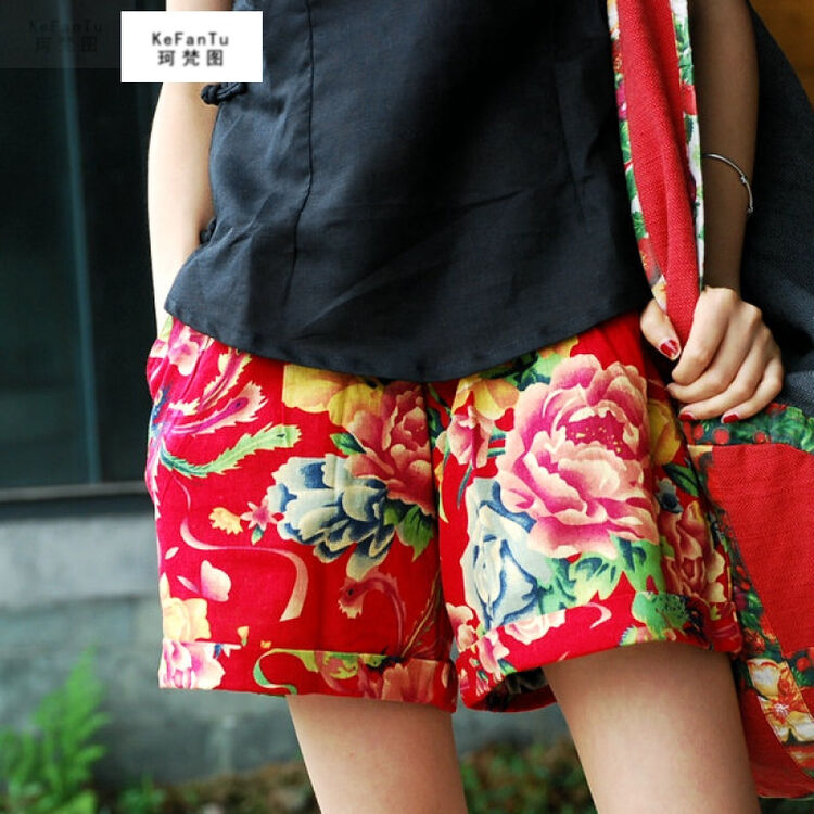 珂梵图2018二手玫瑰东北大花短裤民族风花裤衩文艺复古棉麻裤夏 红色