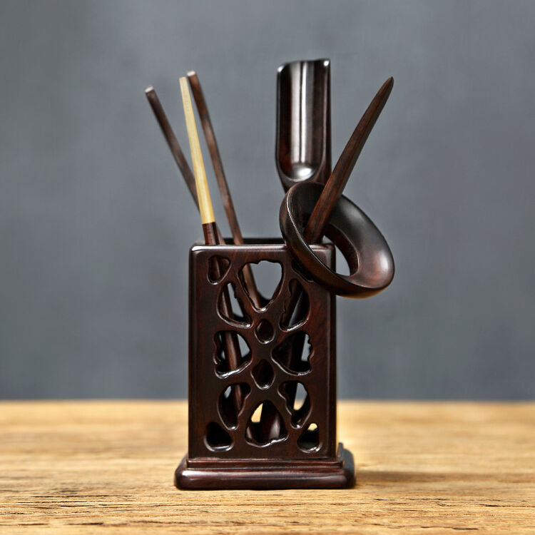 黑檀四方茶道 功夫茶具配件黑檀木实木雕花镂空六君子茶漏茶勺茶针