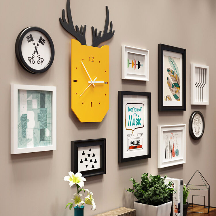 客厅现代墙面装饰相片墙个性创意挂墙实木相框 北欧照片墙钟表组合