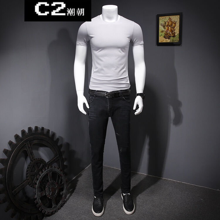 c2潮朝网络红人夏季新款短袖t恤男 浅灰色 xl(115j-130j)
