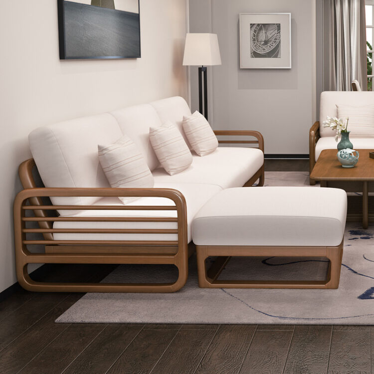 实木布艺沙发 客厅家具 小户型北欧沙发 白蜡木新中式风格 米白色