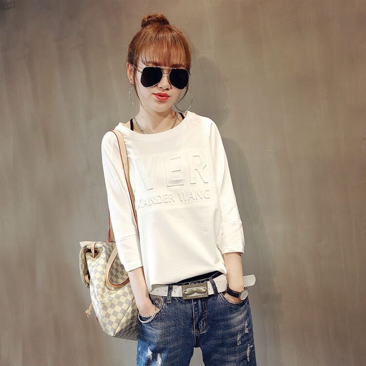 韩版宽松七分袖t恤女白色打底衫春装新款学生休闲字母上衣 白色 m