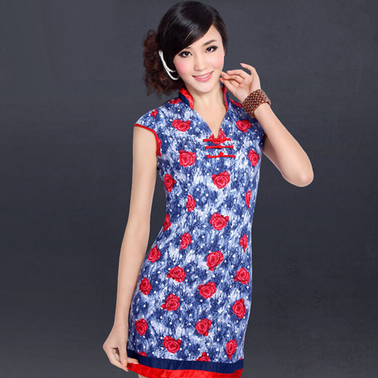 依尔旗袍女装时尚修身短袖日常旗袍女夏季复古印花旗袍 lye5135 蓝色