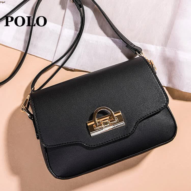 polo 单肩包女士简约女包金属锁扣斜跨包包340251 黑色【图片 价格