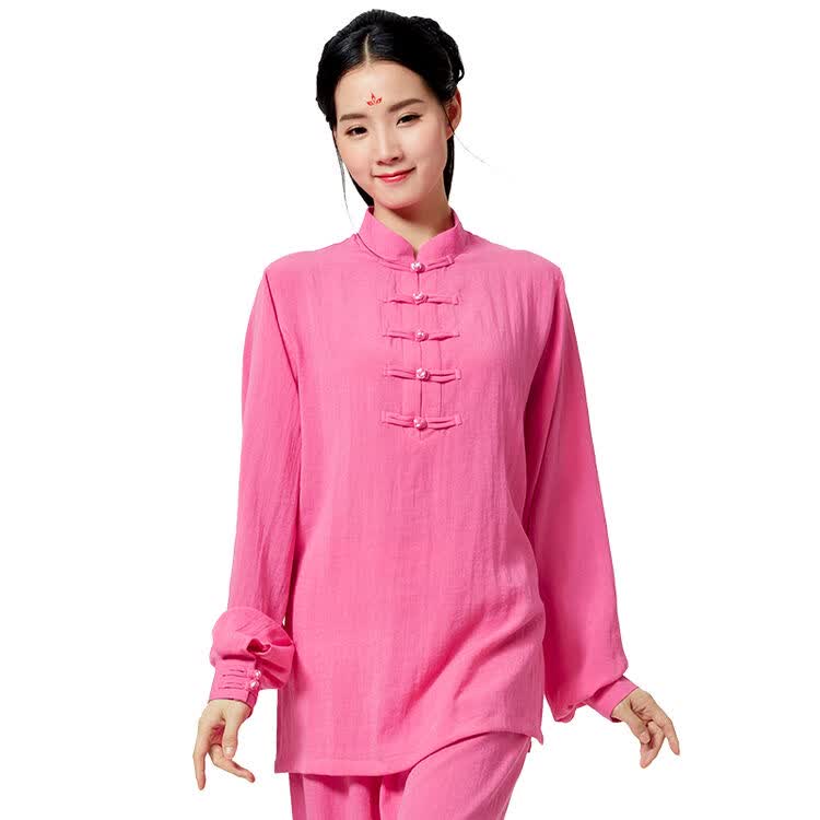 山人运动太极服棉麻女练功武术服中老年亚麻春夏表演服 玫粉色 xl