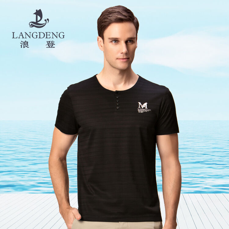 浪登2018夏季新款丝光棉休闲短袖t恤男 时尚带扣圆领修身男士体恤yd