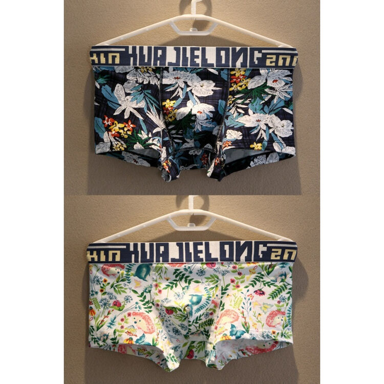 2条装男士花内裤男棉弹力舒适吸汗低腰u凸性感印花男士平角内裤 铁塔