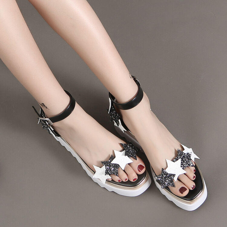 厚底凉鞋2017亮片星星方头一字扣坡跟松糕鞋 黑色 34