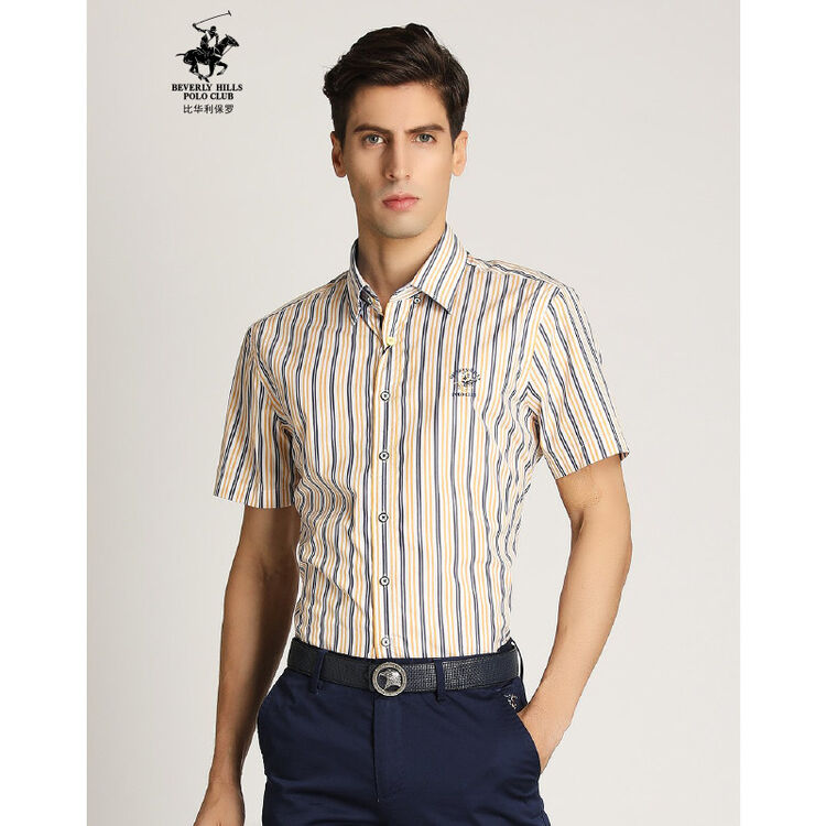 比华利保罗beverly hills polo club 纯棉亲肤竖条纹胸前带绣花男士